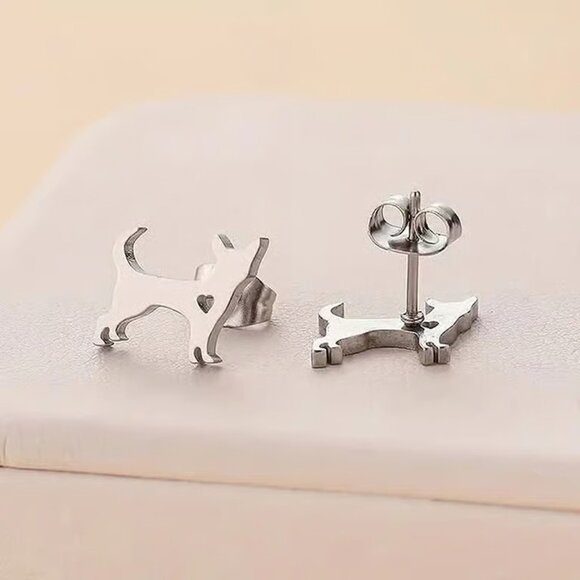 Silver Stainless Steel DOG Puppy Stud Earrings - Picture 2 of 3